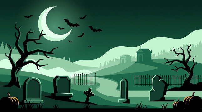 Spooky Halloween graveyard scene with full moon, bats, and eerie tombstones at night