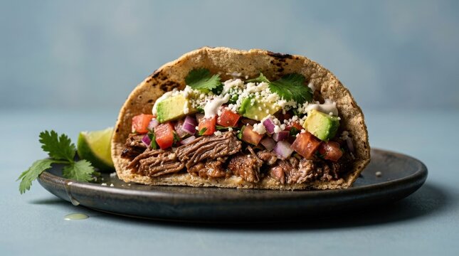 Mexican Beef Barbacoa Taco with Avocado and Fresh Salsa.