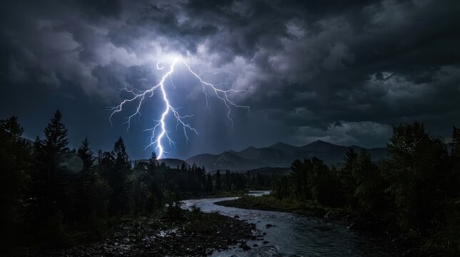 Lightning bolt striking over mountain river at night