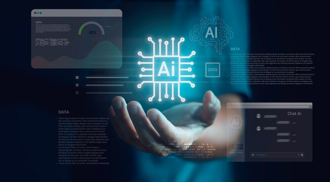 Artificial intelligence chip concept with a hand holding digital technology, representing advanced computing, semiconductor innovation, machine learning, data processing, smart systems and computing.