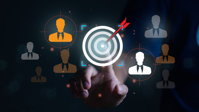 Human resources selection concept with business team icons, target and growth analysis, representing hiring, recruitment, talent management, employee performance, teamwork, leadership and development.