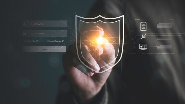 Cybersecurity, risk management, secure access, compliance and information defense. Digital shield icon representing security and protection for business data, privacy and online systems.