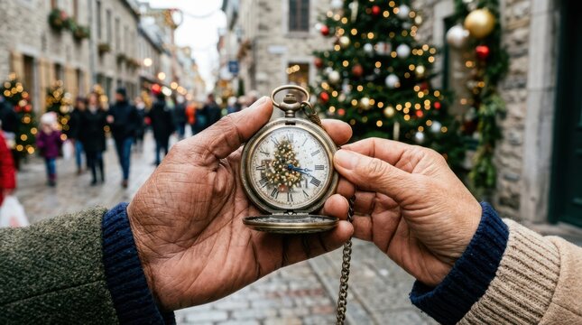 Close-up of senior hands holding an antique brass pocket watch on a decorated city street during holidays.