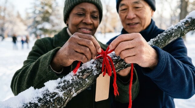 Senior couple tying a red yarn ribbon with a blank wooden tag onto a tree branch in a winter forest.