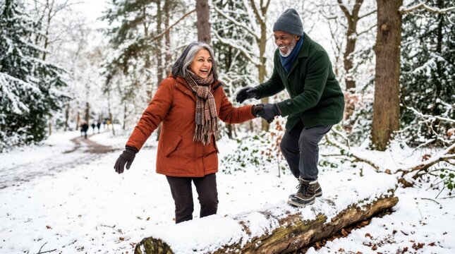 Happy senior couple laughing and balancing on a fallen snow-covered tree log in a winter forest.