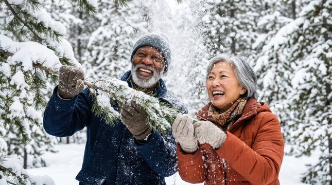 Senior couple laughing as they playfully shake a snowy evergreen branch overhead in a winter forest.