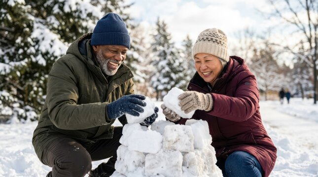 Senior man and woman crouching down and building a snow fort out of snowballs in a snowy park field.