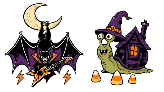 Vintage style cartoon bat rock star and snail witch house illustration with halloween illustration character animation seasonal whimsical colorful collection creative celebration