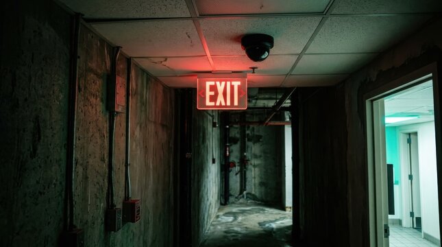 Glowing red exit sign in dark industrial corridor