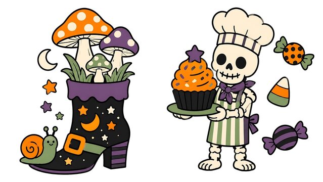 Cute halloween collection of magic boot with mushrooms and snail and skeleton baker with sweets candy corn trick or treat halloween skeleton mushrooms seasonal illustration cheerful crescent