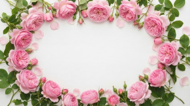 Frame of pink English roses and green leaves
