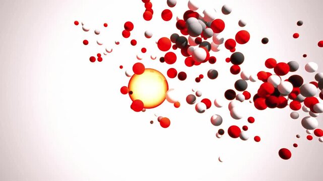 Red and white spheres cluster and disperse dynamically in a high contrast 3D animation symbolizing mental tension and emotional release