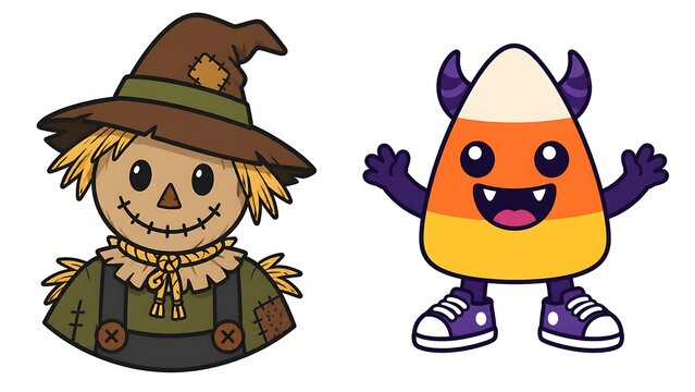 Friendly scarecrow and cute candy corn monster character with trick or treat halloween scarecrow character illustration celebration whimsical seasonal decoration sneakers vectorart creature