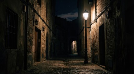 Narrow old stone alleyway illuminated by a street lamp at night © FryArt