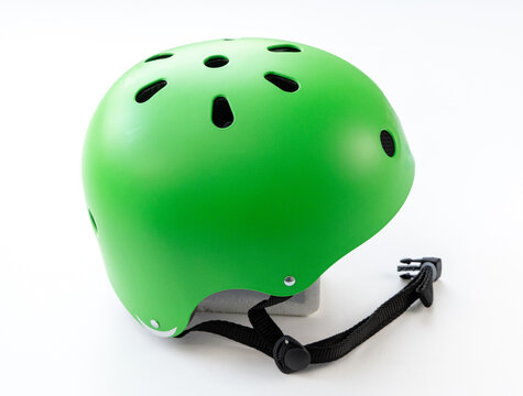 Bright Green MultiSport Helmet with Strap and Buckle on White Background