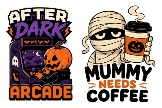 Halloween graphics featuring a pumpkin head playing arcade games and a bandaged mummy holding coffee halloween caffeine seasonal illustration character bandages celebration creative isolated