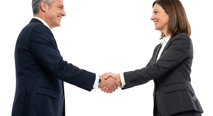 Fototapeta premium A man and a woman in business attire shake hands on a.