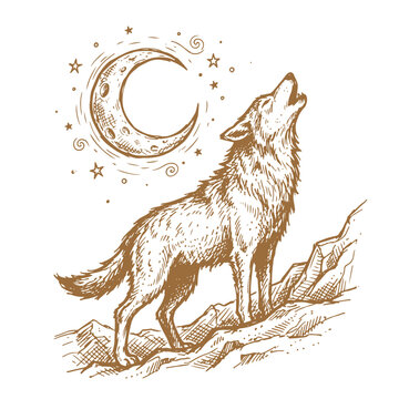 Vintage style sepia engraving of a wolf howling at the crescent moon with crescent illustration engraving wilderness mystical stylized traditional creature predator monochrome