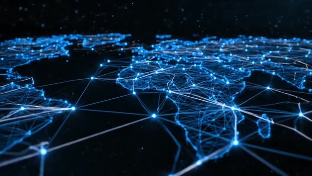 Digital world map with glowing nodes and lines representing global communication network connectivity.