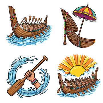 Traditional Indonesian Pacu Jalur Dragon Boat Race Illustration Set with Oars Waves and Sunset