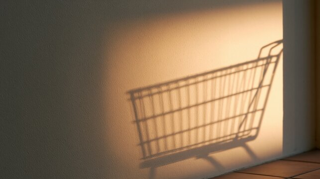 Warm sunlight casts a distinct shadow of an empty wire shopping cart onto a textured beige wall near a tiled floor.