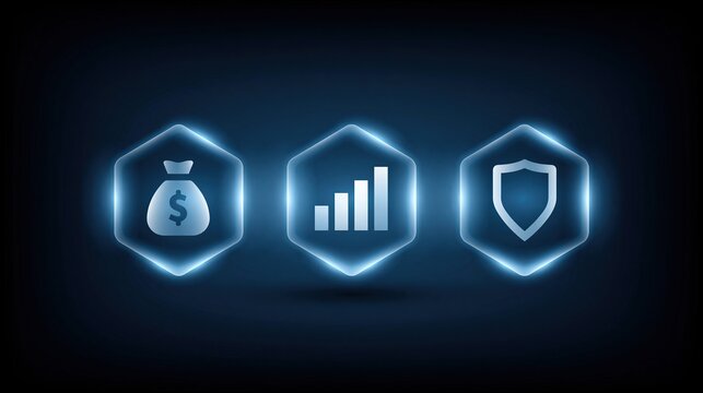 Glowing blue hexagonal icons displaying money bag, bar chart, and shield symbols against dark background
