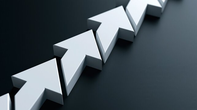 A sequence of white three-dimensional arrows pointing upwards on a dark background representing growth and progress
