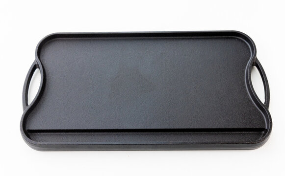 Empty Black Rectangular Cast Iron Griddle Pan on White Background