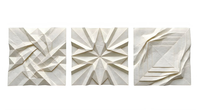 Geometric paper origami squares in white cream tones for modern wall art and tactile texture design.