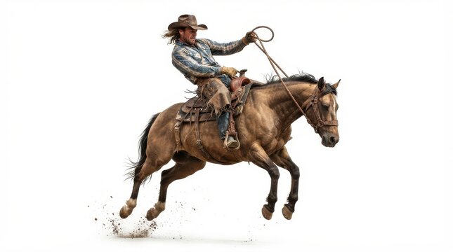 Cowboy riding a bucking horse with a lasso