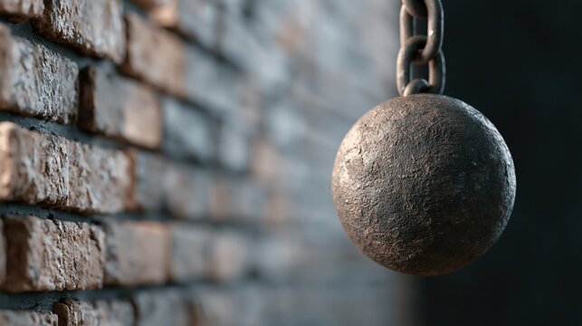 Rusty iron ball suspended by heavy chain against weathered brick wall backdrop creating moody atmosphere