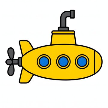 Bright yellow submarine illustration featuring three blue portholes periscope and rear propeller. Ideal for ocean exploration children books marine travel graphics and underwater themes.