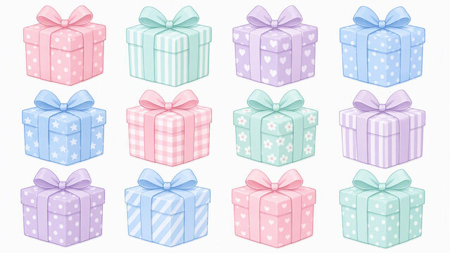 Twelve pastel colored gift boxes with festive bows and unique patterns