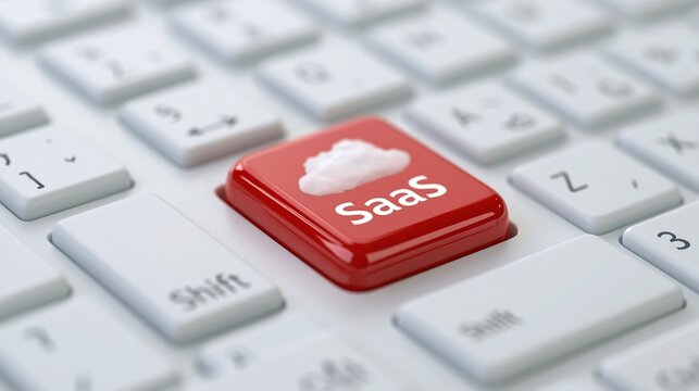Close-up of a red keyboard key labeled SaaS with a cloud icon symbolizing software as a service technology.