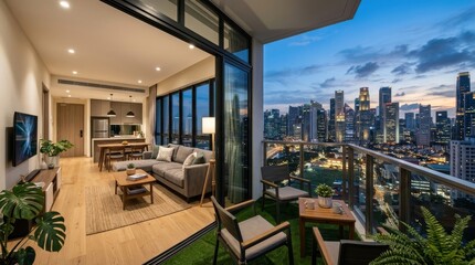 Fototapeta premium Modern luxury apartment living room and balcony with city skyline view at dusk