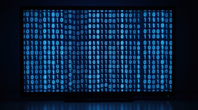 Computer monitor screen displaying glowing blue binary code
