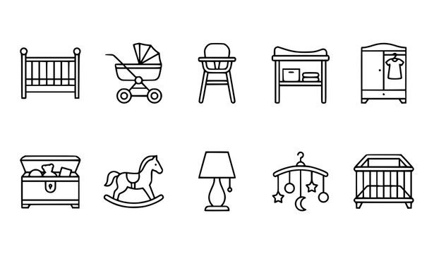 Baby Nursery Furniture and Infant Room Accessory Vector Icon Set Featuring Cribs, Strollers, High Chairs, Changing Tables, Wardrobes, and Rocking Horses for Children Interior Designs,