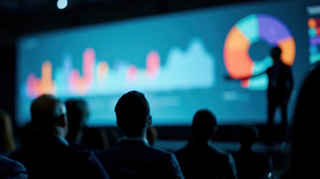 Business professionals attend a corporate presentation featuring colorful data charts and graphs on a large screen.