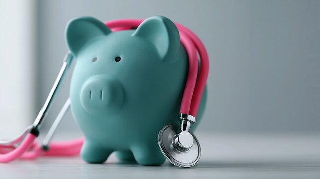 teal ceramic piggy bank with pink stethoscope symbolizing healthcare costs and medical savings