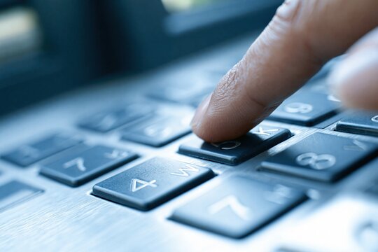 Close-up of a finger pressing an ok button on a numeric keypad with blue lighting