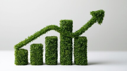 Fototapeta premium Green grass chart showing upward growth trend with increasing bar heights and rising arrow on white background