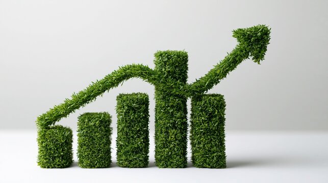 Green grass chart showing upward growth trend with increasing bar heights and rising arrow on white background