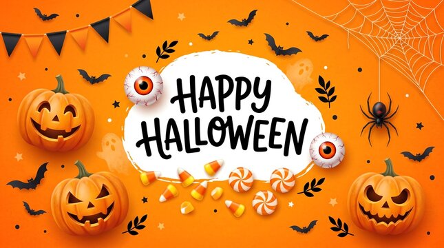 Happy Halloween pumpkins and candy on orange background