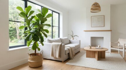 Obraz premium Modern minimalist living room interior with fiddle leaf fig plant