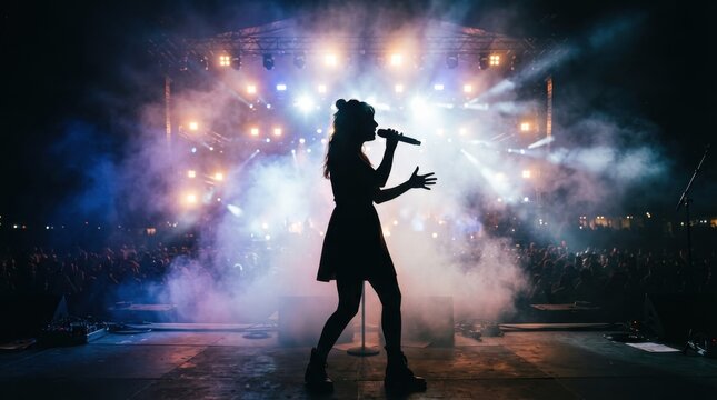 Silhouette of a female singer performing on stage at a live music concert