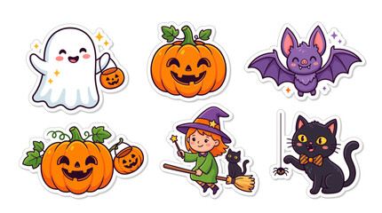 Fototapeta premium Colorful Halloween Cartoon Sticker Set with Cute Witch Ghost Pumpkin and Black Cat