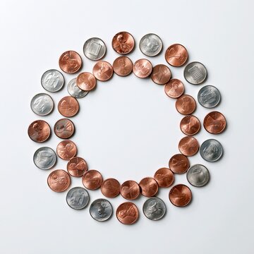 American coins arranged in a circular pattern on white background, showcasing various pennies and dimes with detailed engravings