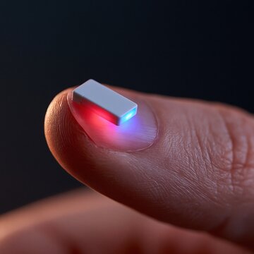 Close-up of a finger with a small white device emitting red and blue light against a dark background
