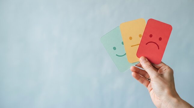 A hand holding three colorful feedback cards with smiley neutral and sad face expressions depicting customer satisfaction levels on a light background