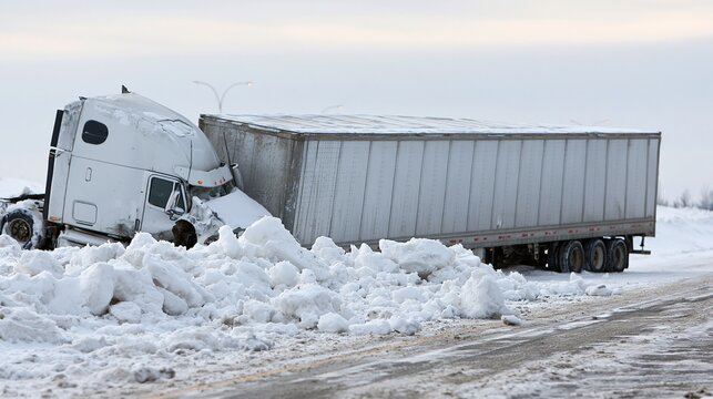 Damaged white semi truck cab rests against a trailer on a snowy roadside after a winter accident.